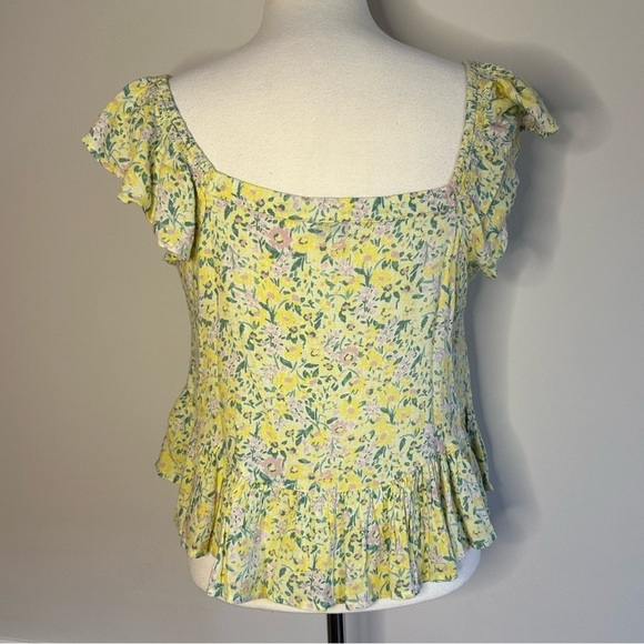 Lucky Brand Blouse Boho Floral Flutter Sleeve Yellow, Size S, EUC - Picture 2 of 5